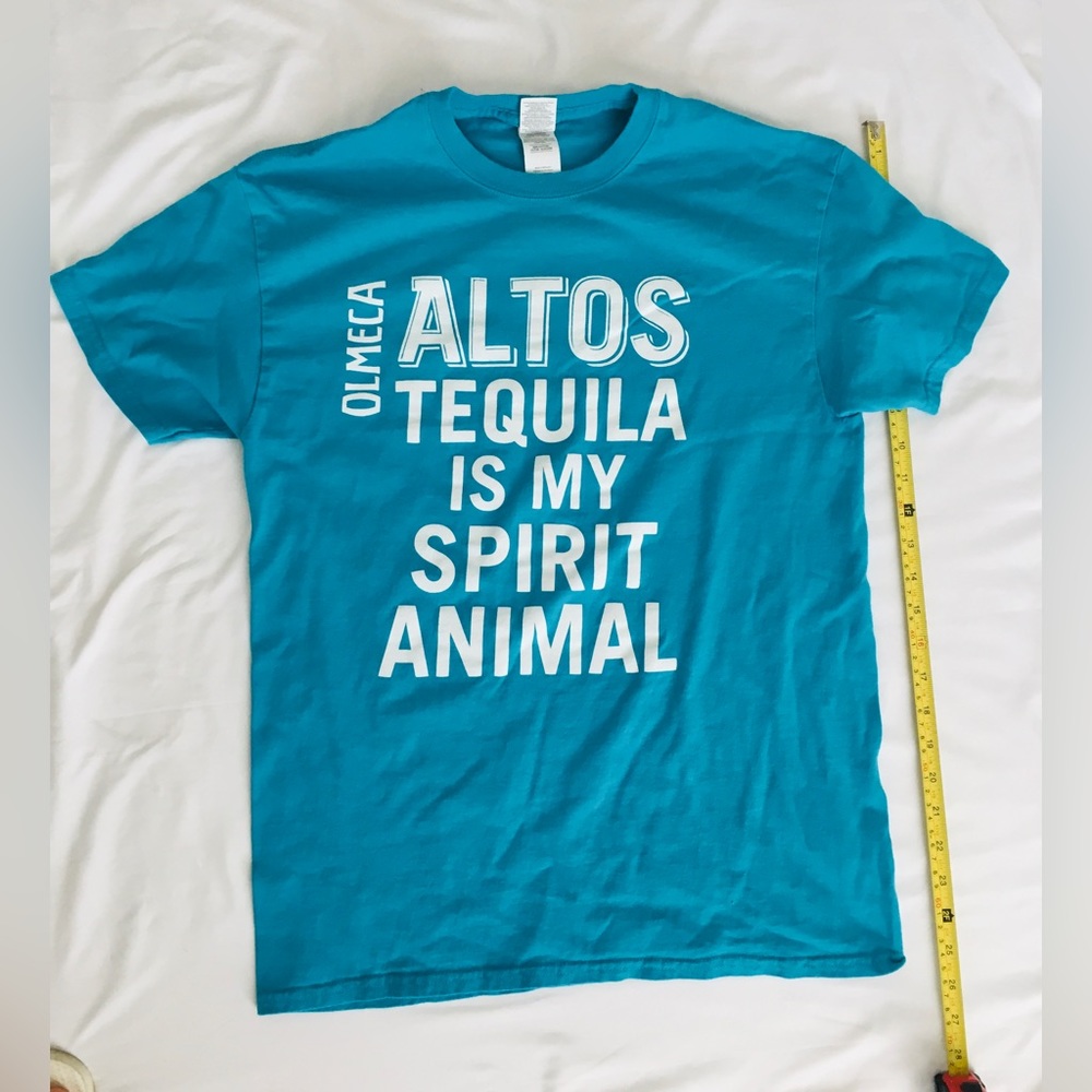 FUN Olmeca Altos unisex teal/white “Tequila is my spirit animal” tshirt.